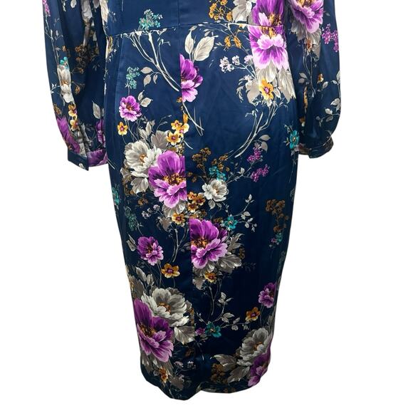 Maggy London Petite Women's Navy Blue Floral Satin Dress 10P Ruched Waist - Picture 12 of 14